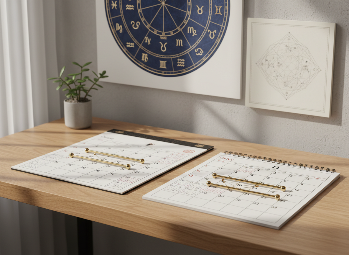 A clean, modern wooden desk seen from a slightly elevated angle, holding two open paper calendars side by side, one marked with traditional lunar dates and the other with standard solar dates. Discreet metallic markers connect matching birthdays across the pages. In the background, softly blurred, a large circular zodiac chart and a subtle Zi Wei Dou Shu star map are pinned to a neutral wall. Soft morning light from a nearby window casts gentle, precise shadows, creating a sense of clarity and order. The photographic realism emphasizes smooth paper textures and fine printed details, with a calm, professional atmosphere that suggests careful relationship fate analysis without showing any people.